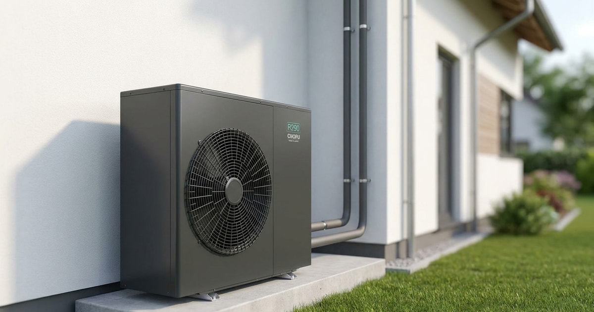 Chofu R290 Monoblock-Wärmepumpe an der Außenwand eines Einfamilienhauses