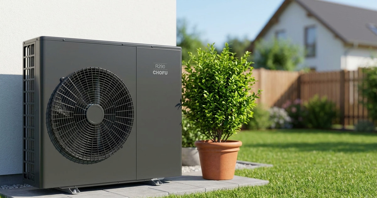 Chofu R290 Wärmepumpe mit natürlichem Kältemittel im Garten eines Hauses