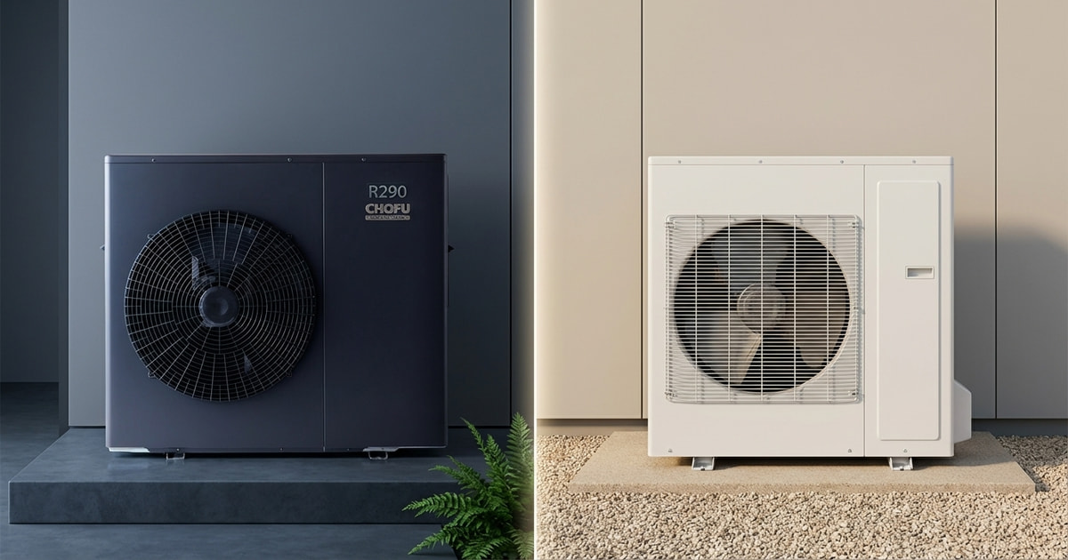 Gegenüberstellung zweier Luft-Wasser-Wärmepumpen – Chofu R290 in Anthrazit und eine weiße R32-Einheit – symbolisch vor neutralem Hintergrund