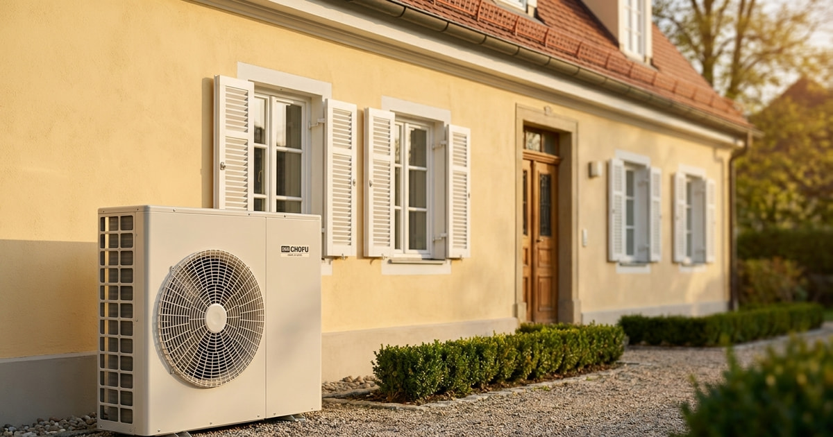 Saniertes Landhaus in Österreich mit Chofu R290 Wärmepumpe im Garten bei frühlingshaftem Licht