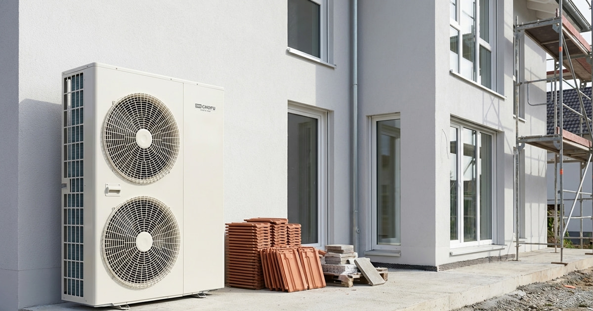 Chofu R290 Wärmepumpe vor modernem österreichischem Einfamilienhaus mit sichtbaren Sanierungsspuren und frühlingshaftem Garten