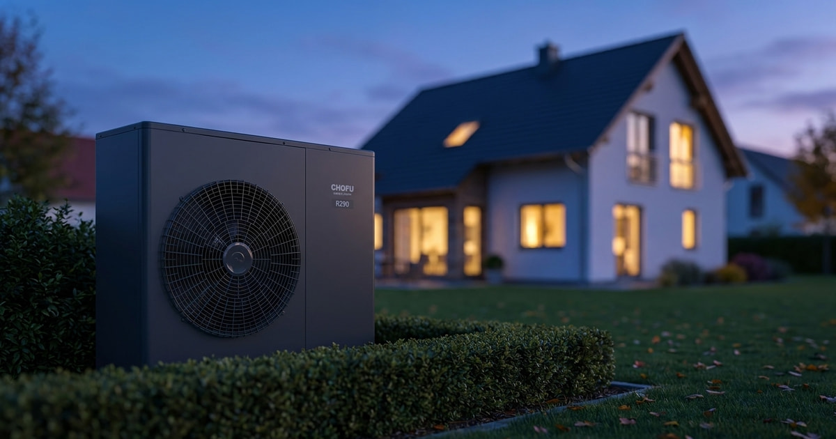Chofu R290 Wärmepumpe ruhig aufgestellt im Garten eines Einfamilienhauses, Dämmerung