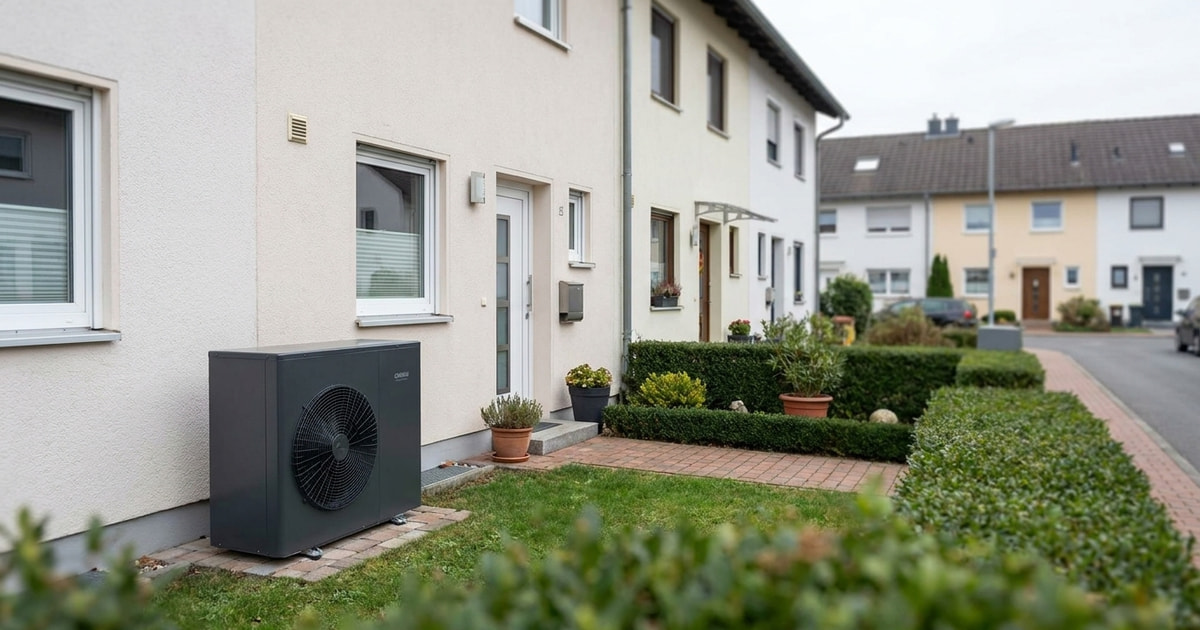 Chofu R290 Wärmepumpe vor einem Reihenhaus – Symbolbild Vergleich mit Fernwärme