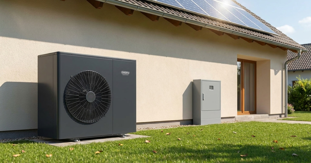 Chofu R290 Wärmepumpe vor einem österreichischen Haus mit Stromzähler, Symbolbild für Wärmepumpen-Stromtarife