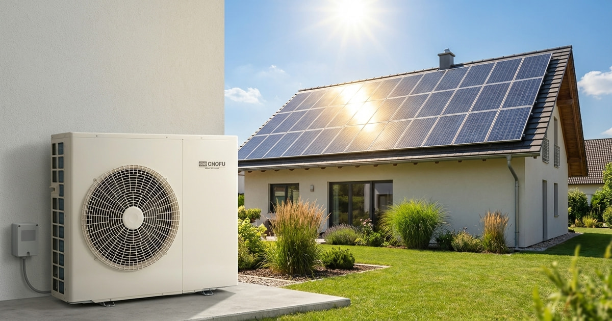 Chofu R290 Wärmepumpe neben modernem Einfamilienhaus mit Photovoltaik-Anlage und sonnigem Himmel