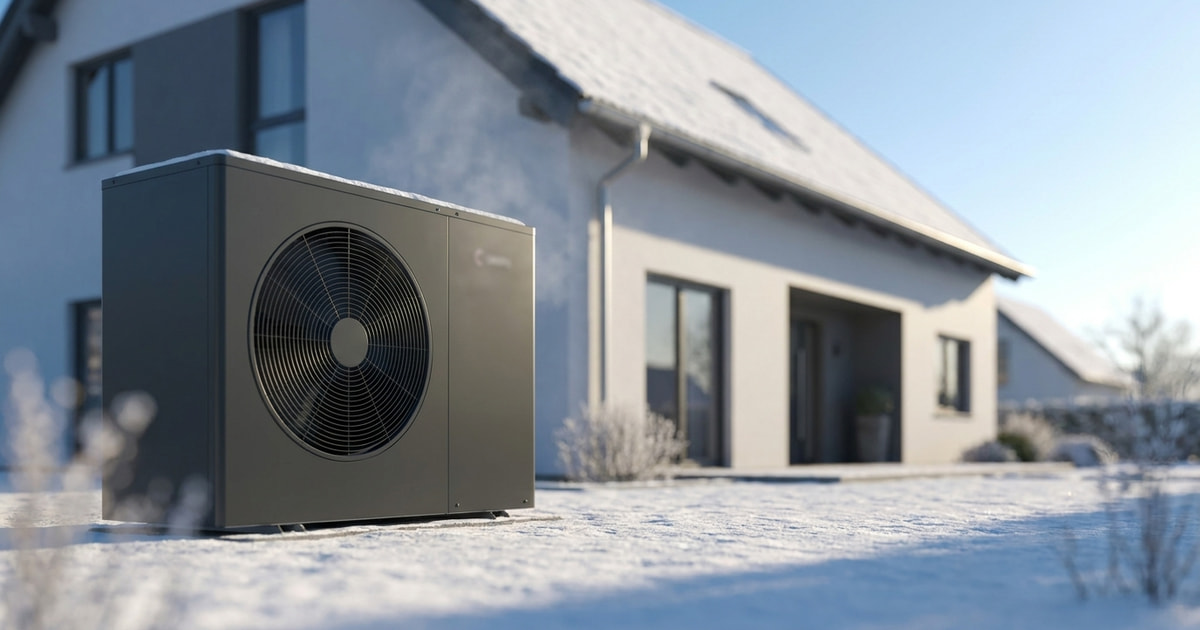 Chofu R290 Wärmepumpe im verschneiten Garten eines Einfamilienhauses bei klarem Winterlicht