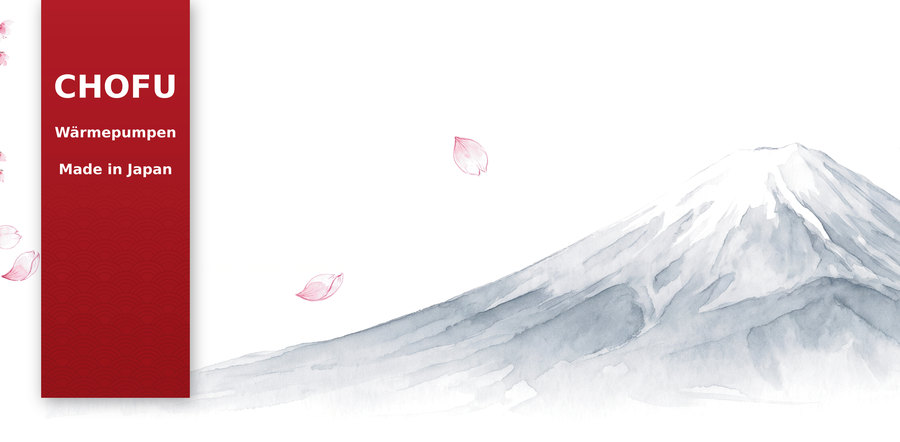 Motiv der CHOFU-Messewand: rotes Band mit dem Schriftzug CHOFU Wärmepumpen Made in Japan, daneben der Fuji als Aquarell