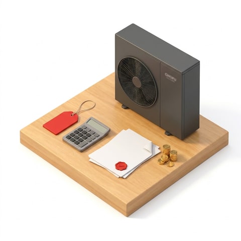 Isometrische Illustration: Preisschild, Taschenrechner, Vertragsunterlagen und eine Chofu-Waermepumpe