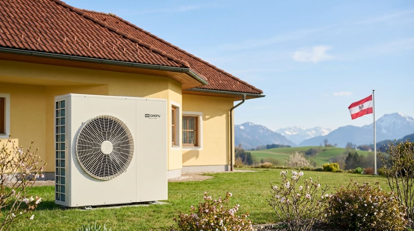 Chofu Luft-Wasser-Wärmepumpe neben österreichischem Landhaus mit Alpenpanorama