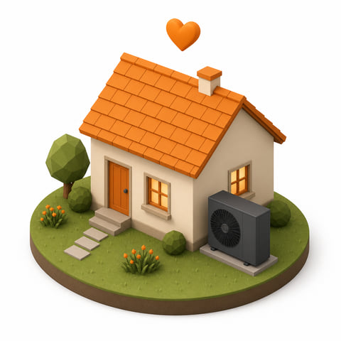 Illustration: Haus mit Herz und Wärmepumpe — Sauber Heizen für Alle