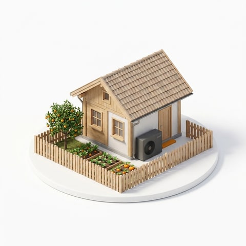 Isometrische Illustration: kompaktes Kleingartenhaus mit Chofu Wärmepumpe an der Wand