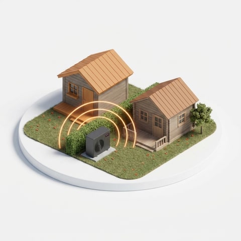 Isometrische Illustration: leise Wärmepumpe zwischen zwei Kleingarten-Parzellen mit Hecke