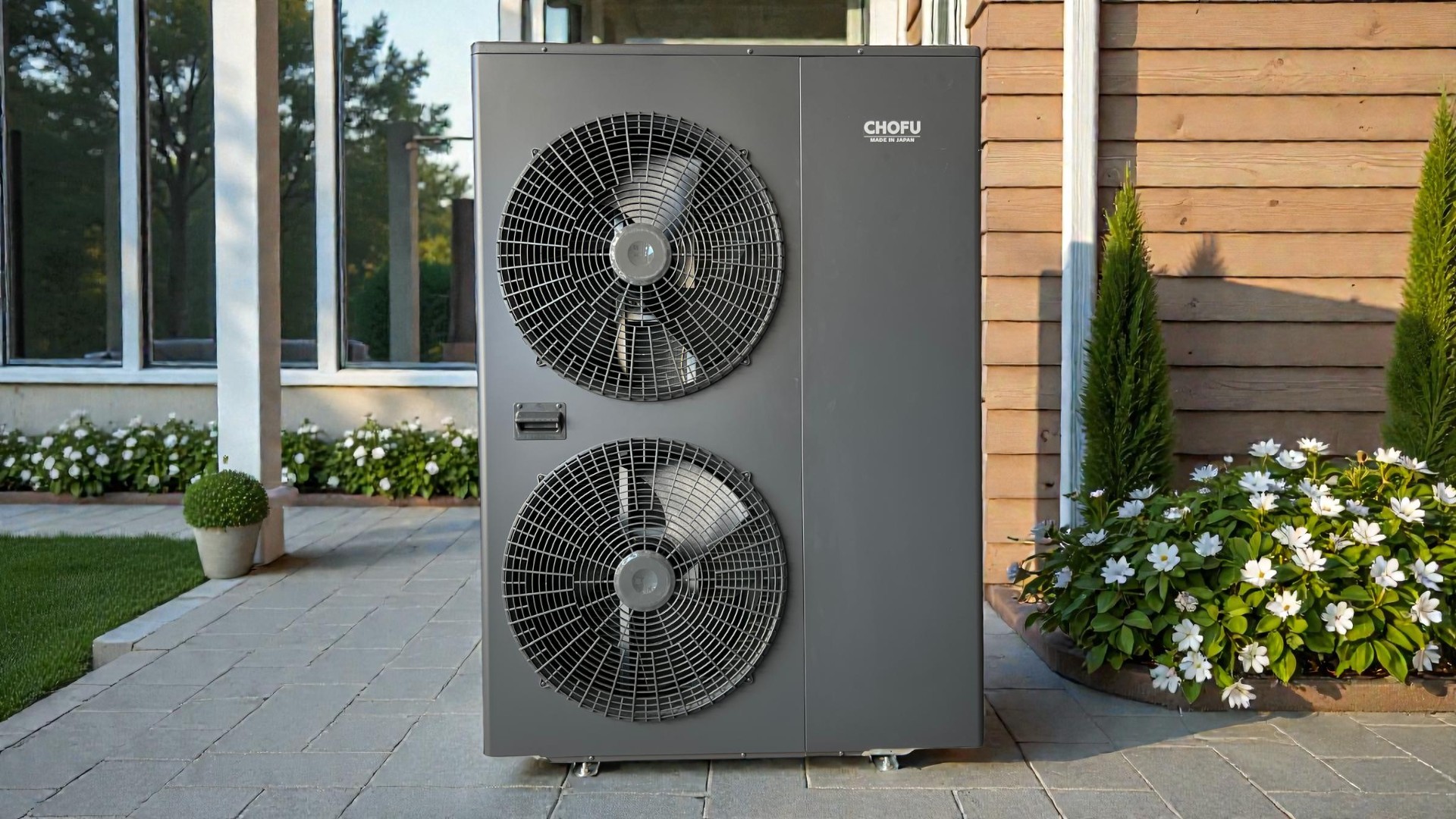 Chofu R290 10kW 380V Twin-Fan im Garten