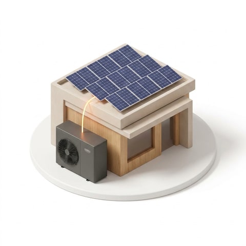 Isometrische Illustration: Flachdach mit PV-Modulen und Wärmepumpe