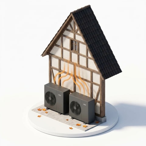 Isometrische Illustration: zwei Wärmepumpen für ein großes Bauernhaus