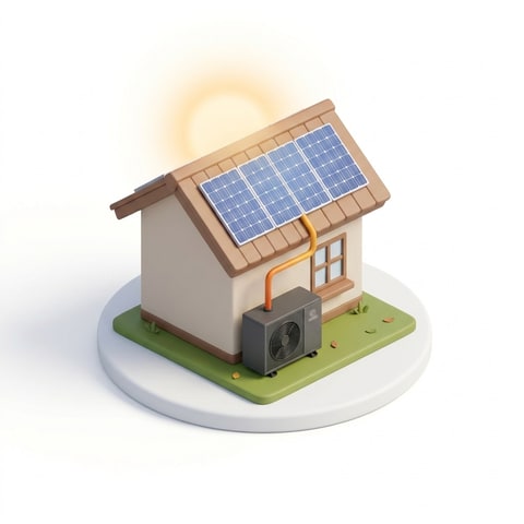 Isometrische Illustration: PV-Strom vom Hofdach versorgt die Wärmepumpe
